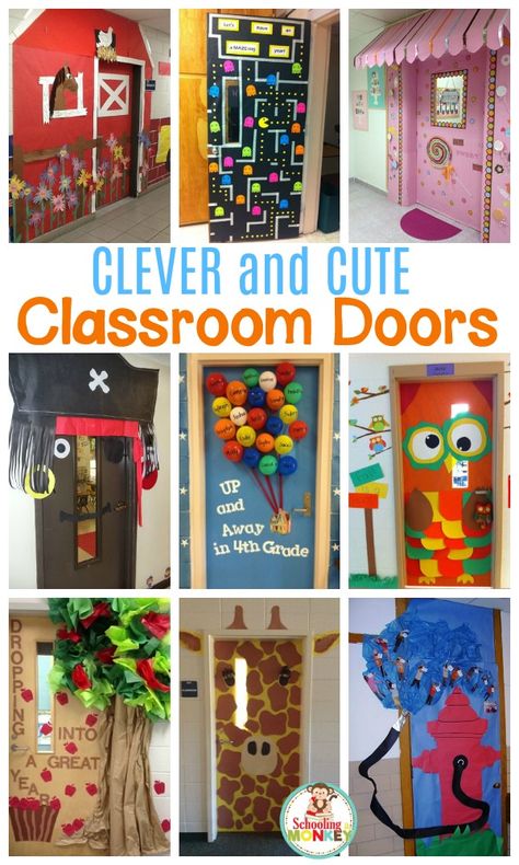 Interactive Classroom Door Ideas, Decorating Teacher Doors, Door Art For Classroom, Clever Classroom Door Ideas, Kg Door Decoration Ideas, Fourth Grade Door Decorations, Class Doors Ideas, Seasons Door Decorations Classroom, Fun Door Decorations