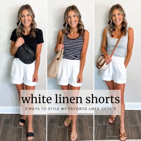 Pull-on linen short curated on LTK Linen Short Outfits Summer, Beige Linen Shorts Outfit Summer, How To Style Linen Shorts, Linen Shorts Outfits Women, White Linen Shorts Outfit, Black Linen Shorts Outfit, Linen Shorts Outfit Summer, Style Linen Shorts, Linen Shorts Outfit