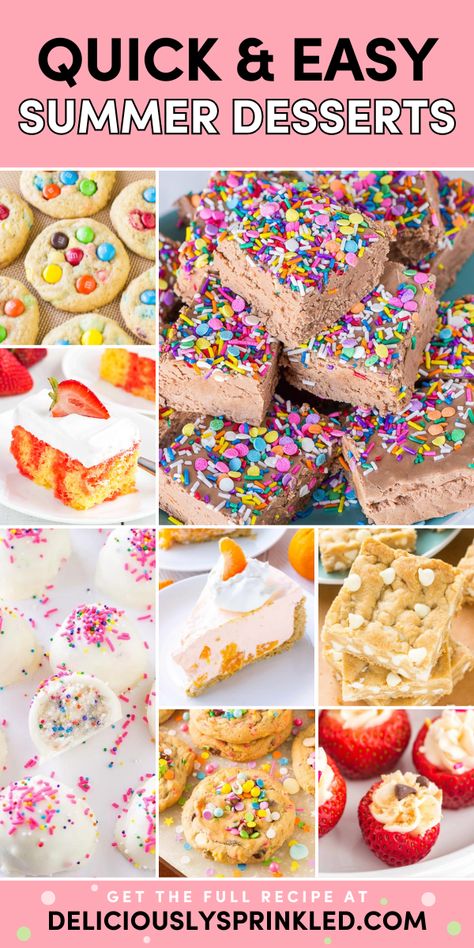 Want more 4th of July sweets? This roundup of yummy summer desserts has got you covered! You'll find different types of cakes, homemade cookies, no-bake recipes, and other quick and easy summer desserts with few ingredients! Easy Cool Summer Deserts, Summer Desserts Ideas, Easy Summer Fruit Desserts, Easy Summer Baking Recipes, Easy Desserts With Few Ingredients No Bake, Quick And Easy Summer Dessert Recipes, Yummy Summer Desserts, Cool Summer Desserts, No Bake Sweets