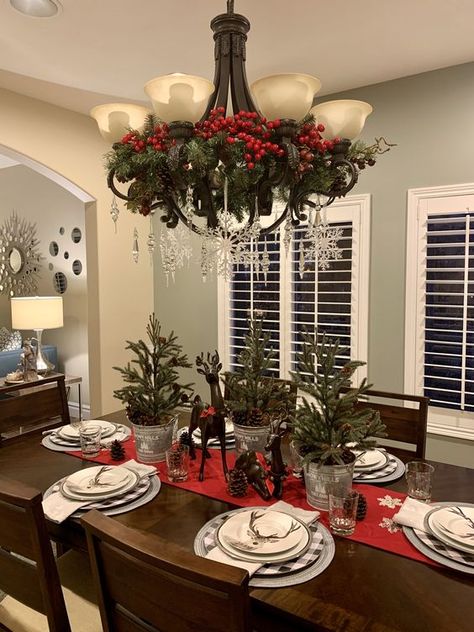 DIY Christmas Decor Ideas - RecipeMagik Christmas Chandelier Ideas, Christmas Chandelier Decor, Christmas Dining Room Decor, Christmas Chandelier, Christmas Dining Table Decor, Boho Christmas Decor, Frosted Christmas Tree, Christmas Dining Room, Christmas Dining Table