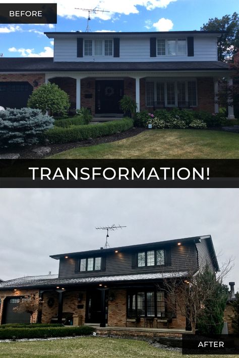 Iron Ore Siding, Grey Siding, House Flip, Black Shutters, Addition Ideas, Windsor Ontario, Pot Lights, Grey Houses, Iron Ore