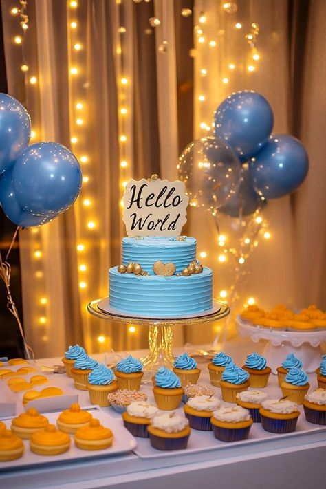 Planning an elegant baby sprinkle this November? This stunning fall theme is perfect for celebrating its a boy! The glowing lights and beautiful blue backdrop create a magical atmosphere for guests, making it a memorable party. With delicious cake and cupcakes, this setup is perfect for mom or as a Co-Ed Baby Shower Idea. Whether you're planning a cozy indoor shower or want to impress with your fall-themed decorations, this setup will have everyone falling in love with your baby shower. Baby Boy Shower Themes Unique, Baby Shower Theme For Boys, Fall Baby Shower Ideas, Fall Baby Shower Themes, Baby Shower Themes For Boys, Coed Baby Shower, Blue Backdrop, Themed Decorations, Its A Boy