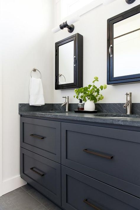 Dark Marble Bathroom Countertops, Master Bath With Black Cabinets, Dark Countertop Bathroom Ideas, Vanity With Dark Countertop, Dark Bathroom Vanity Countertops, Dark Quartz Bathroom Countertops, Dark Bathroom Vanities, Dark Countertop Bathroom, Dark Bathroom Countertops