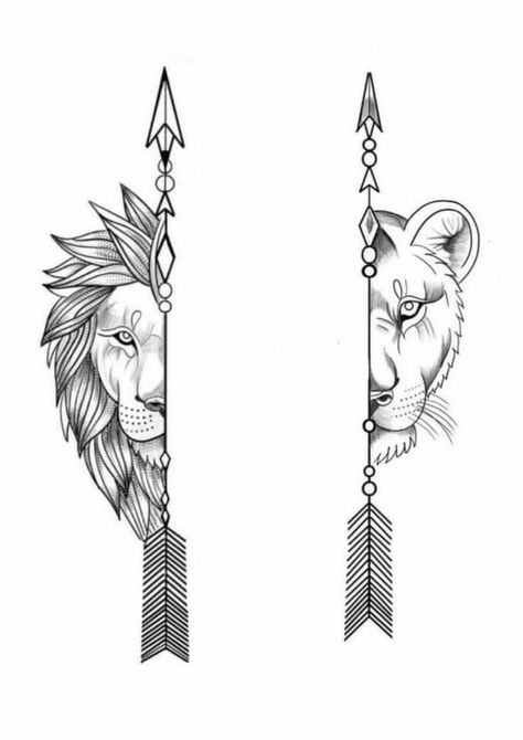 Lion Arrow Tattoo Design, Lion Arrow Tattoo, Couple Tattoo Stencil, Couples Lion Tattoo, Cliche Tattoo, Couple Animals, Animal Couple, Atlas Tattoo, Catrina Tattoo