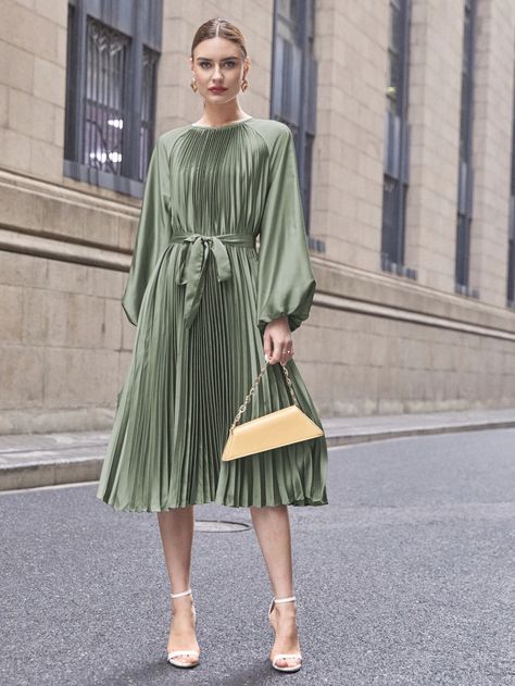 Raglan Lantern Sleeve Pleated Self Belted Satin Dress | SHEIN USA Long Frocks Designs, Pleats Dress, Sleeved Velvet Dress, Heart Print Dress, Velvet Dress Designs, Long Frocks, Dresses Xxl, European Design, Frock Design