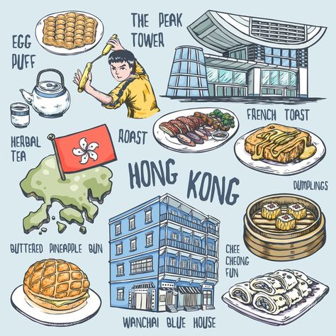 Hong Kong Map, City Guide Design, Pineapple Bun, Hong Kong Art, Hong Kong Food, Romantic Travel Quotes, Travel Notes, Hong Kong Travel, Food Illustrations