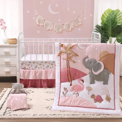 PRICES MAY VARY. A sweet safari animal motif with shades of pink, grey, and white will fit well in any baby girl nursery. This starter baby bedding set includes a reversible crib comforter, 2 fitted crib sheets, and a dust ruffle... all in touchably soft organic cotton. The organic baby comforter features a printed center panel with elephant, flamingo, turtle, and palm tree plush appliques with a pink and white. The 2 organic cotton fitted crib sheets are designed to fit a standard size crib mat Blair Bedroom, Pink Safari Nursery, Girl Safari Nursery, Safari Nursery Girl, Crib Comforter, Elephant Nursery Decor, Baby Crib Bedding Sets, Baby Room Themes, Giraffe Nursery