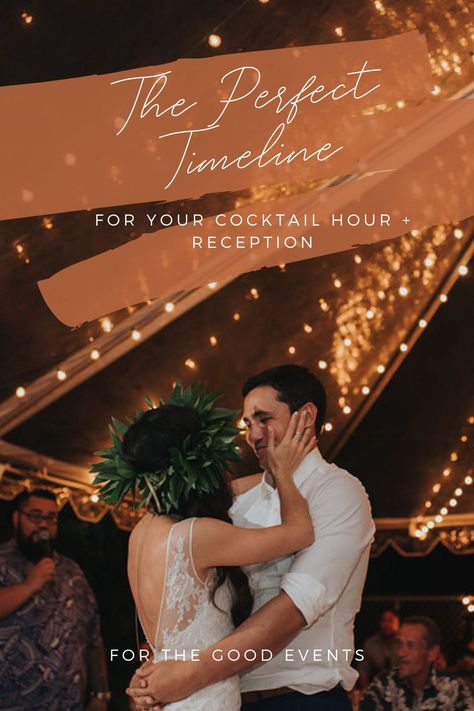 After you say “I do,“ you and your guests will be SO excited to celebrate this new chapter of your lives with some bubbly, pūpū, and dancing! Hereʻs our little guide to creating that perfect cocktail hour + reception timeline (with a sample timeline to start your planning off with!). Cocktail Wedding Reception Timeline, Cocktail Reception Layout, Wedding Cocktail Hour Music, Cocktail Style Wedding Reception, Cocktail Reception Wedding, Wedding Reception Schedule, Personal Wedding Ideas, Cocktail Hour Ideas, Reception Timeline