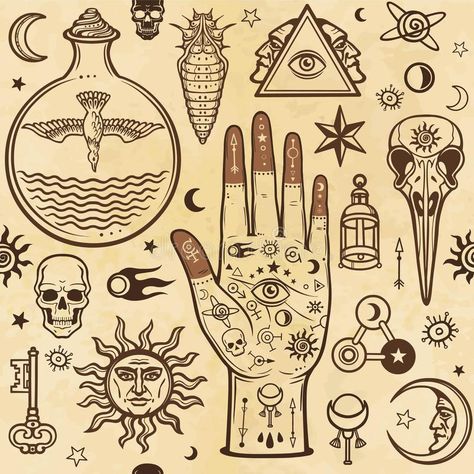 Seamless Color Pattern: Human Hands in Tattoos, Alchemical Symbols. Esoteric, Mysticism, Occultism. Stock Vector - Illustration of hands, comet: 110111414 Make Fake Tattoos, Esoteric Tattoo, Alchemical Symbols, Alchemy Tattoo, Mystic Symbols, Mystical Tattoos, Occult Tattoo, Alchemic Symbols, Arte Grunge