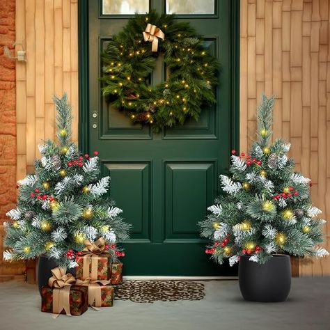 Amazon.com: Outdoor Christmas Tree Set of 2, Battery Operated Prelit 24.5in Small Porch Holiday Decor w/ 30 LED Lights for Pathway, Yard, Garden - Partial Flocked : Home & Kitchen Front Porch Pathway, Christmas Tree For Porch, Porch Holiday Decor, Lighted Trees, Classic Wreath, Flocked Trees, Outdoor Christmas Tree, Christmas Tree Set, Christmas Front Doors