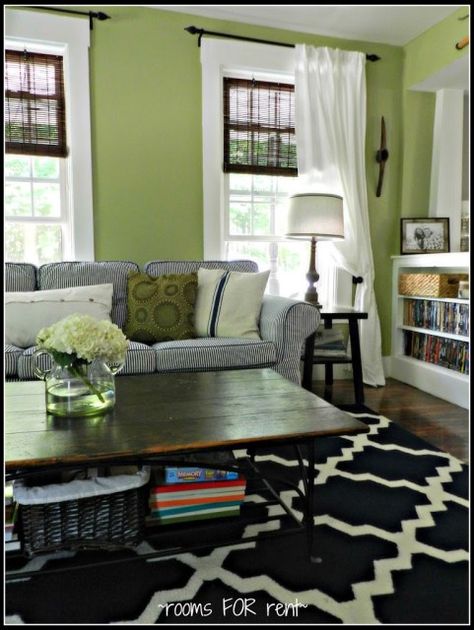 ~Living Room Update~ - Rooms For Rent blog Living Room With Green Walls, Room With Green Walls, Basement Color, Navy Room, Green Walls Living Room, Lime Green Walls, Green Living Room, Basement Inspiration, Thrifty Decor Chick