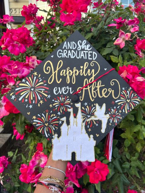 Disney Fireworks Happily Ever After Graduation Cap Design Idea Snow White Graduation Cap, Happily Ever After Graduation Cap, And She Taught Happily Ever After Cap, Disney Masters Graduation Cap, Grad Cap Designs Disney, Disney Princess Graduation Cap, Disney Graduation Cap Designs, Grad Cap Ideas Disney, High School Graduation Themes