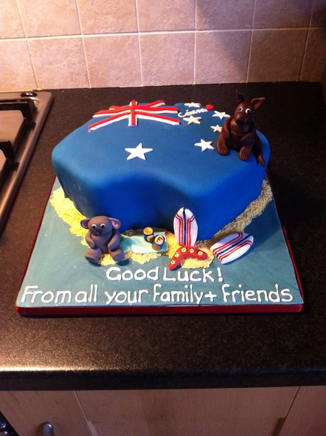 Australia cake Have A Safe Journey Cake, Safe Journey Cake, Journey Cake, Have A Safe Journey, Aussie Party, Australia Cake, Farewell Party Decorations, Farewell Party, Birthday Cake For Him