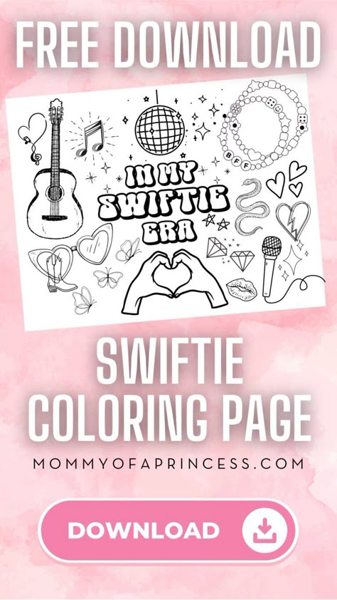 Fun Taylor Swift Activities + Free "In My Swiftie Era" Coloring Sheet Taylor Swift Activities For Kids, Free Taylor Swift Printables, Taylor Swift Free Printables, Taylor Swift Birthday Party Activities, Taylor Swift Party Activities, Taylor Swift Activities, Taylor Swift Art Ideas, Birthday Party Hacks, Taylor Swift Printable