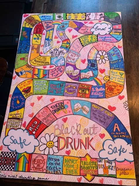 drinking board game diy dice candyland tipsy board game ideas Drinking Board Game Diy, Tipsy Land, Board Game Diy, Board Game Ideas, Drinking Board, Drunk Games, Drinking Board Games, Alcohol Games, Sleepover Party Games