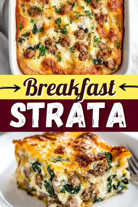 This tasty breakfast strata is perfect for feeding a crowd! Packed with sausage, spinach, and cheese, it's a guaranteed winner. Easy One Pot Breakfast, Breakfast To Take To A Party, Breakfast Casserole Recipes With Bread, Sausage Spinach Breakfast Casserole, Breakfast Brunch Recipes Ideas, Breakfast Football Food, Breakfast Sandwich Casserole, Best Breakfast Casserole Recipes, Breakfast For Crowd