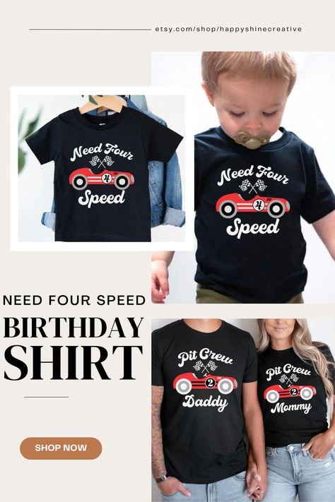 Rev up the celebration with our "Need Four Speed" Birthday Shirt! Perfect for the little speedster's 4th birthday, this race car-themed outfit brings excitement to the party. Let your birthday boy race into a year of fun with Happy Shine Creative's unique Racing Birthday Tee! 🏁🎂 #RaceCarBirthday #HappyShineCreative #4thBirthdayOutfit #BirthdayBoyShirt #RacingBirthdayTee #CarsThemeBirthday #HandmadeBirthdayApparel Car Birthday Outfit, Need Four Speed Birthday, Need Four Speed, Racing Birthday, Birthday Boy Shirt, Race Car Birthday, Car Birthday, Birthday Tee, Birthday Boy