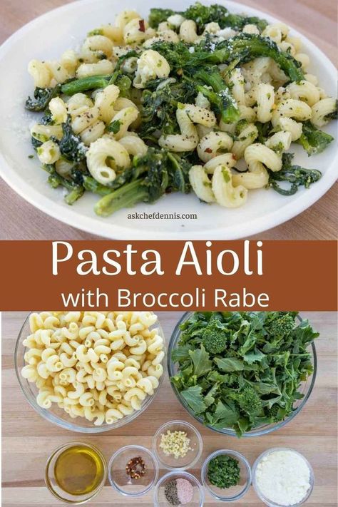 Pasta Aioli with Broccoli Rabe Rapini Recipes Italian, Pasta Aioli, Healthy Light Dinner, Broccoli Rabe Recipe, Light Pasta Dishes, Pasta Aglio E Olio, Meal For Dinner, Pasta Aglio, Pasta Con Broccoli