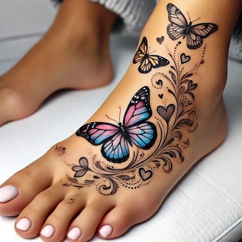 Nice Leg Tattoos For Women, Butterfly Tattoo On Leg For Women, Ankle Tattoos For Women Butterfly, Lotus Flower With Butterfly Tattoo, Feet Butterfly Tattoo, Butterfly Feet Tattoos, Tattoo Been, Feet Tattoos For Women Butterfly, Butterfly Anklet Tattoos For Women