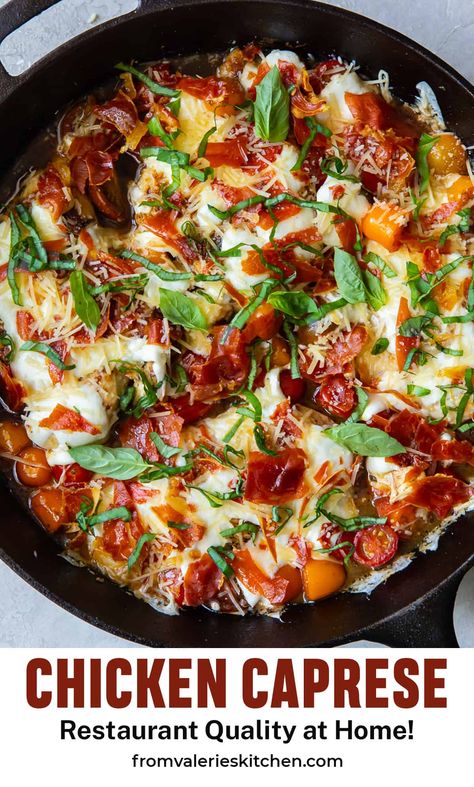 Gorgeous Restaurant, Roasted Tomato Chicken, Grape Tomato Recipes, Chicken Caprese Recipe, Baked Caprese Chicken, Italian Chicken Dishes, Sautéed Chicken, Chicken Caprese, Oven Roasted Tomatoes