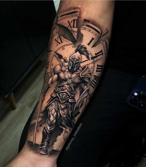 Roman Gladiator Tattoo Design Forearm, Roman Battle Tattoo, Spartan Shoulder Tattoo, Spartan Leg Tattoo, Roman Centurion Tattoo, Gladiators Tattoo, Gladiator Tattoo Sleeve, Spartan Warrior Tattoo For Men, Roman Gladiator Tattoo