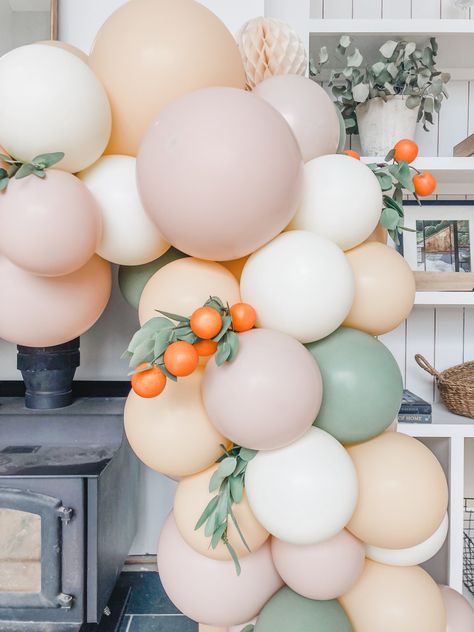 Little Cutie Balloon Garland with Clementine Floral Cutie Orange First Birthday Theme, Fruit Balloon Garland, Cutie Themed Party, A Cutie Is On The Way Baby Shower Ideas, Balloon Garland Neutral, Cutie Balloon Garland, Spring Balloon Garland, A Little Cutie Baby Shower Theme, Cutie Themed Baby Shower Ideas