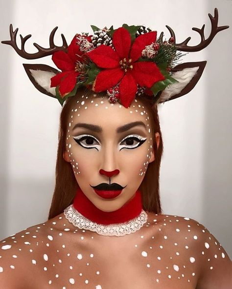 Christmas Cosplay Ideas, Rudolph The Red Nosed Reindeer Costume, Rudolph The Red Nosed Reindeer Makeup, Christmas Looks Makeup, Christmas Reindeer Makeup, Reindeer Cosplay, Campy Christmas, Makeup Teaching, Rudolph Makeup