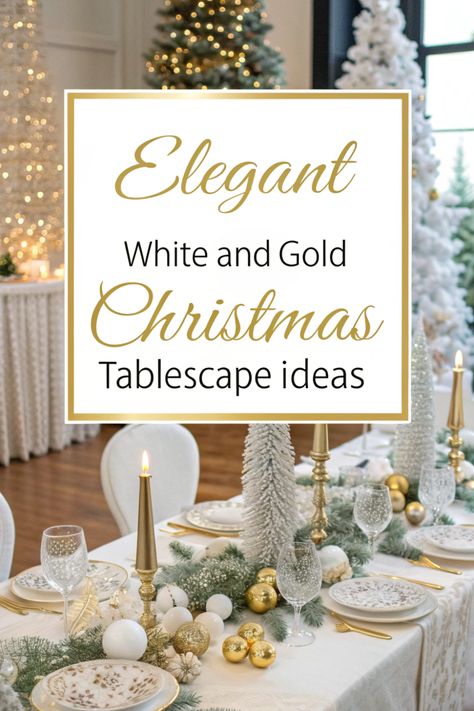 🌟 Shine this season with a white and gold Christmas tablescape! 🎄 Combine crisp white linens with luxurious gold accents for a sophisticated look. ✨ Use golden chargers, flatware, and shimmering décor. 🍾 Create an elegant atmosphere that exudes festive glamour for your holiday dinner! 🎁 White Table Christmas Decor, White And Gold Christmas Wedding, Christmas Table Settings Gold, White And Gold Christmas Table, Elegant Christmas Tablescapes, White Christmas Tablescapes, Christmas Tablescapes Elegant, Gold Table Settings, Christmas Dinner Table Settings