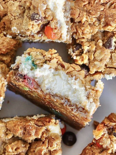 Monster Cookie Cheesecake, Cookie Cheesecake Bars, Cookie Cheesecake, Monster Cookie, Peanut Butter Roll, Vanilla Cheesecake, Cheesecake Cookies, Cookie Crust, Brownie Bar