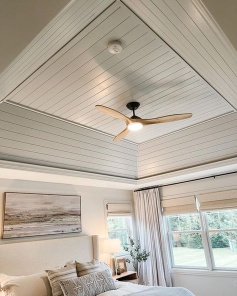 Slanted Tray Ceiling, Beadboard Tray Ceiling, Tres Ceiling Ideas Bedroom, How To Decorate A Tray Ceiling, Tray Ceiling With Shiplap, Tray Ceiling Detail, Shiplap Tray Ceiling Bedroom, Tray Ceiling Update, Tongue And Groove Tray Ceiling