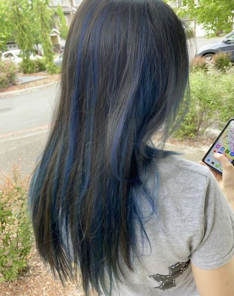 Brown Hair Blue Highlights, Blue Hair Streaks, Blue Brown Hair, Midnight Blue Hair, Blue Hair Highlights, Skunk Hair, Dyed Hair Blue, Dark Blue Hair, Hair Color Streaks