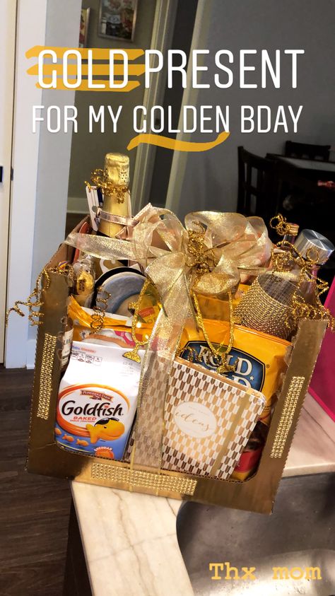 Golden Birthday Gift Basket, Golden Gift Basket Ideas, Golden Birthday Gift Ideas For Him, Golden Birthday Present Ideas, Golden Birthday Basket, Golden Birthday Gift Ideas, Golden Birthday Gifts, Golden Bday, Anniversary Gift Baskets