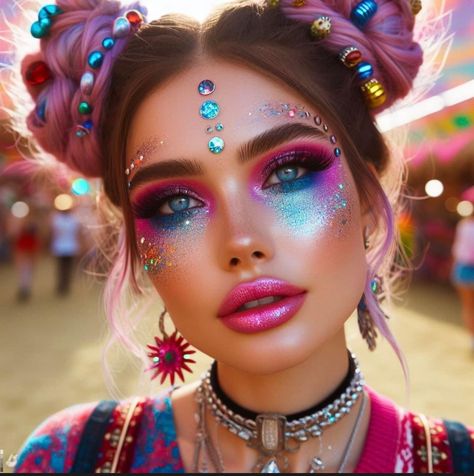 Glitter Face Makeup Festival, Space Makeup Looks, Estilo Burning Man, Make Up Festival, Cosmic Makeup, Edc Makeup, Foundations For Oily Skin, Fantasy Make-up, Coachella Makeup