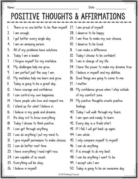 Positive Thinking Affirmations List Self Esteem Worksheets, Positive Thought, Affirmations For Kids, Louise Hay, Positive Self Talk, Social Emotional Learning, Self Talk, Coping Skills, Social Emotional