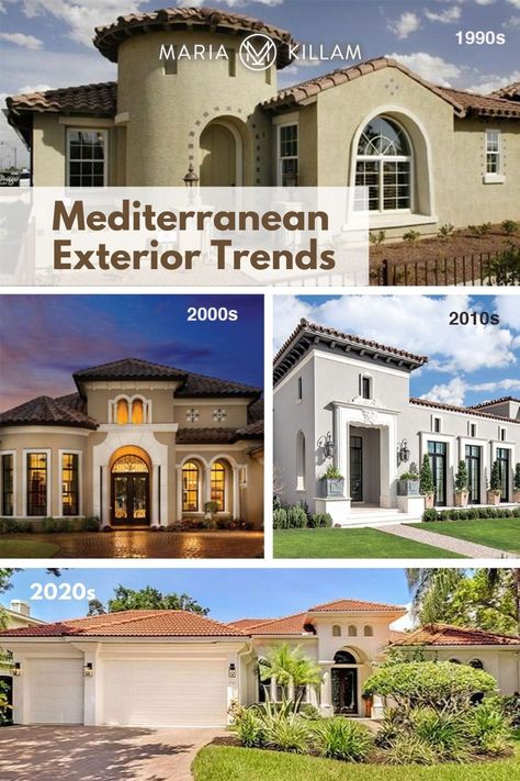 During the 90s, mediterranean homes were painted varying shades of green beige and sage green. And during the brown trend, we saw them go brown (and gold, which did work) and then grey in the last 10 years. Now that the black and white trend is here, can you paint your mediterranean home white? Grey Mediterranean House Exterior, Spanish Style White House, Exterior Paint Colors For Mediterranean Style House, Terracotta Roof Colour Scheme Exterior Paint, Modern Spanish Style Homes Exterior Paint Colors, Cream Mediterranean House Exterior, Mediterranean Exterior House Colors, Exterior Paint Colors For House Stucco Mediterranean, Exterior Mediterranean House Colors