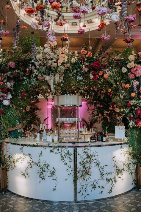 13 Creative Ways To Elevate Your Wedding Bar | by Bride & Blossom, NYC's Only Luxury Wedding Florist -- Wedding Ideas, Tips and Trends for the Modern, Sophisticated Bride Bar Floral Installation, Wedding Bar Flowers, Bar Flowers, Floral Archway, Floral Installation, Green Bar, Sophisticated Bride, Backyard Retreat, Vancouver Wedding