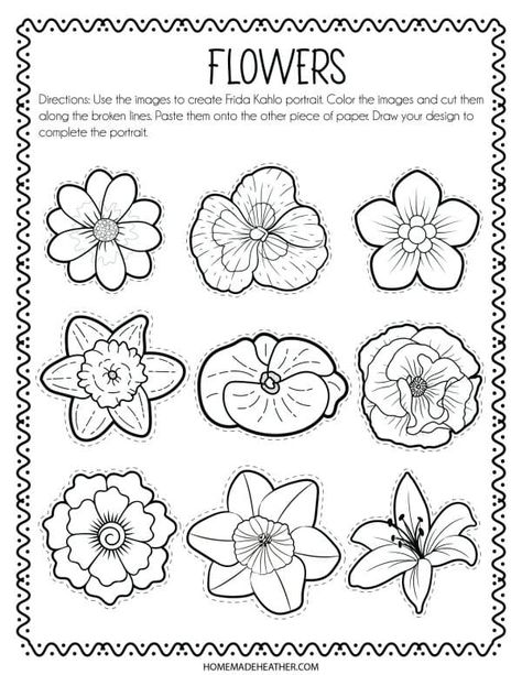 Frida Kahlo Flowers Paintings, Frida Khalo Kids Art Projects, Frida Khalo Flowers, Frida Kahlo For Preschool, Frida Kahlo Artist Research Page, Frida Kahlo Projects For Kids, Frida Art Projects For Kids, Famous Artist Coloring Pages, Frida Kahlo Coloring Page