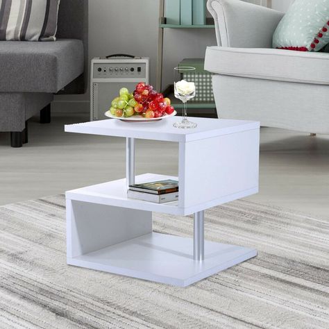 Small Center Table, End Table Decor, Center Table Living Room, Aluminum Shelves, Storage Furniture Living Room, Shelving Design, Wooden Side Table, Table Shelves, White Side Tables