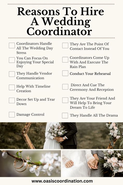 Wedding Tips and Tricks, firstly hire a Wedding Coordinator! We can make your life so much easier when it comes to your Wedding Day! #oasiscoordination #weddingtipsandtricks #weddingideas #wedding #weddingplanning Wedding Day Checklist For Coordinator, Day Of Coordinator Duties, Day Of Wedding Coordinator Duties, Day Of Coordinator Checklist, Wedding Coordinator Outfit, Wedding Coordinator Duties, Wedding Coordinator Checklist, Event Venue Business, Wedding Tips And Tricks