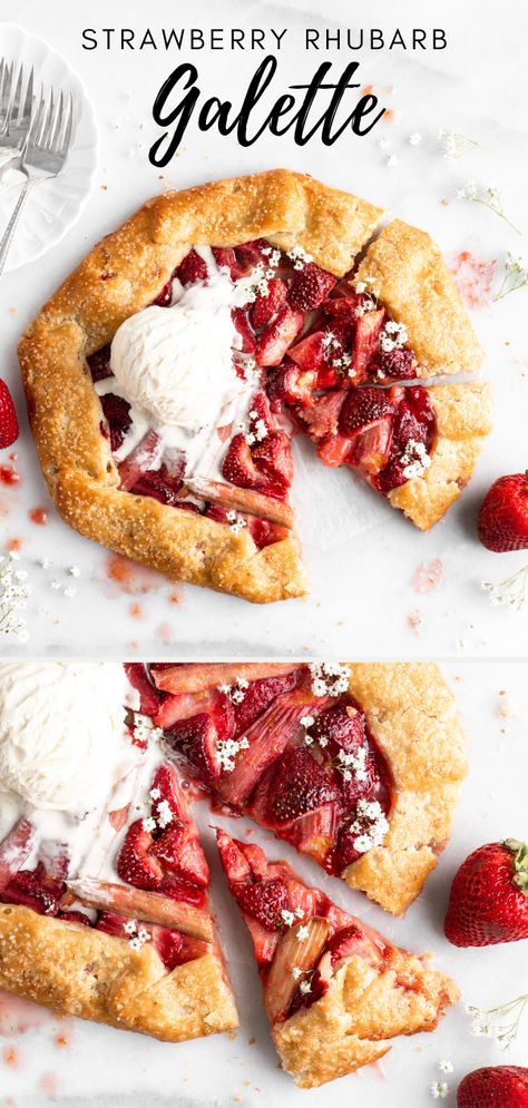 This rustic take on a classic Strawberry Rhubarb Pie features a flaky, golden pie dough that is rustically folded over a simple to make strawberry rhubarb filling. This delicious filling features fresh strawberries, rhubarb, orange zest, and elderflower liqueur for a nice floral summery-touch! #strawberries #strawberry #strawberryrhubarb #strawberryrhubarbpie #pie #galette #strawberryrhubarbgalette #french #elderflower #summer #summerdesserts #summerpie #rhubarb Strawberry Rhubarb Galette, Rhubarb Filling, Rhubarb Galette, Tart Dough, Strawberry Rhubarb Pie, Pistachio Cream, Rhubarb Pie, French Dessert, Vanilla Bean Ice Cream