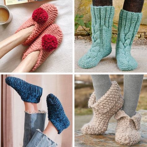 Knitting Slippers - 27 Cozy Slippers To Knit (Free Patterns) How To Knit Slippers For Beginners, Pattern For Knitted Slippers, Free Slipper Knitting Patterns, Easy Knit Slippers For Beginners, Knitting Slippers, Tea Cosy Pattern, Thanksgiving Crochet, Knit Slippers Free Pattern, Knit Slippers