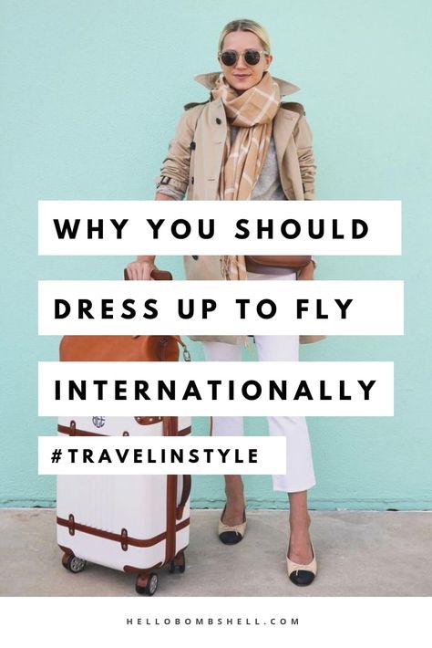 Travel outfits or deciding what to wear to the airport on a trip can be tricky. You want to be comfy but you also want to look cute, classy, and chic, right? Before you jump on the plane this summer, fall, winter, or spring for that long international trip to Europe (or anywhere), consider why you should dress up a bit. Travel Tips #traveltips Travel Airplane Outfit, International Flight Outfit, International Travel Outfit, Long Haul Flight Outfit, Classy Travel Outfit, Airport Outfit Fall, Travel Outfit Plane Long Flights, Travel Outfit Long Flights, Airplane Travel Outfits