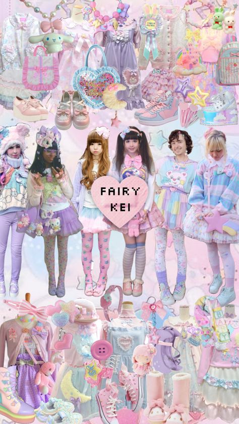 Fairy kei #jfashion #harajuku #fairykei #pastelaesthetic #kawaiicore #pastelfashion Party Kei Outfits, Dolly Kei Aesthetic, Kawaii Kei Fashion, Yume Kawaii Outfit Ideas, Party Kei Aesthetic, Fairy Kei Wallpaper, Fairykei Aesthetic, Fairykei Outfit, Fairykei Fashion