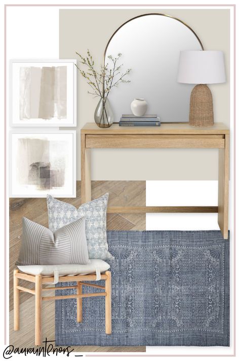 Entry Area Ideas Entrance, Entry Console With Storage, Coastal Entryway Rug, California Coastal Entryway, Small Entry Console Table, Light Wood Entry Table, Entryway Stool Ideas, Modern Coastal Entryway Ideas, Entryway Mood Board