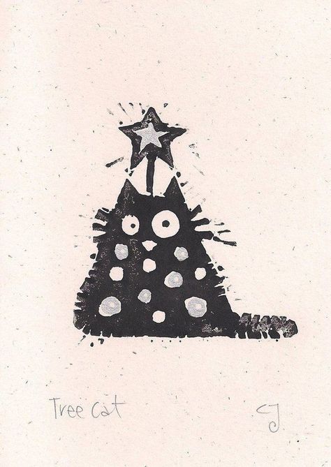 Lino Printing, Print Christmas Card, Linoleum Print, Linocut Printmaking, Lino Art, Tree Cat, Lino Cut, Linocut Art, Meowy Christmas