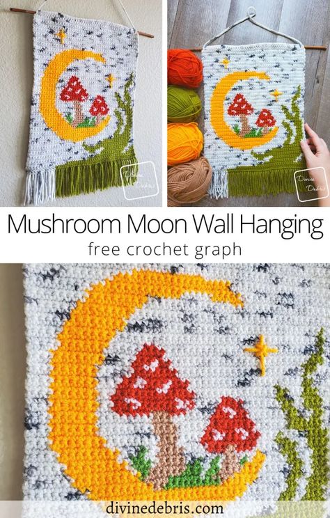 Mushroom Moon, Moon Wall Hanging, Crochet Wall Art, Confection Au Crochet, Crochet Mushroom, Crochet Wall Hangings, Tapestry Crochet Patterns, Crochet Simple, Crochet Home Decor