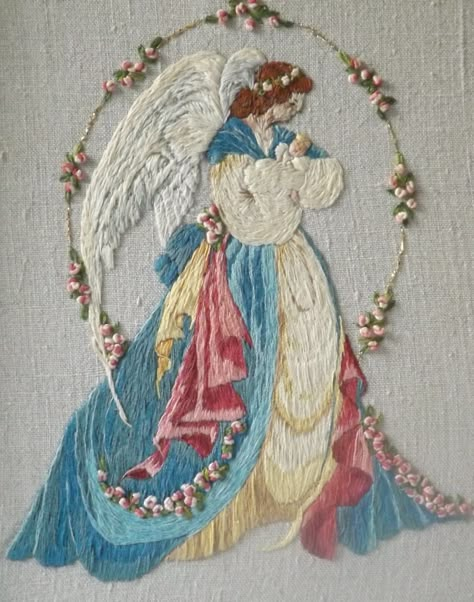 Hand embroidered Angel Divine Mercy Embroidery, Angel Embroidery Patterns, Embroidery Angel, Wing Embroidery, Angel Embroidery, Jacobean Embroidery, Christmas Angel Crafts, Advanced Embroidery, Embroidery Lessons