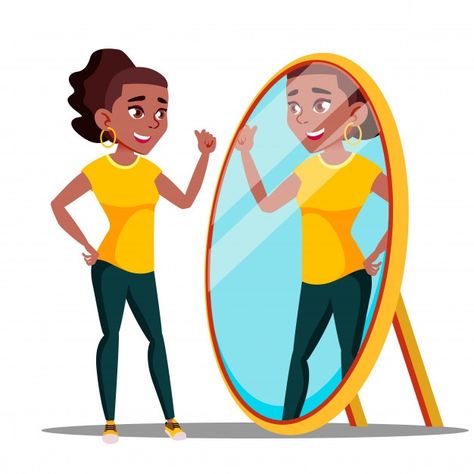 Character woman watch mirror and admires | Premium Vector #Freepik #vector #woman #girl #cartoon #smile Mirror Illustration, Negative Self Talk, Vector Character, Self Talk, Look In The Mirror, General Knowledge, Funny Stories, The Mirror, Cartoon Illustration