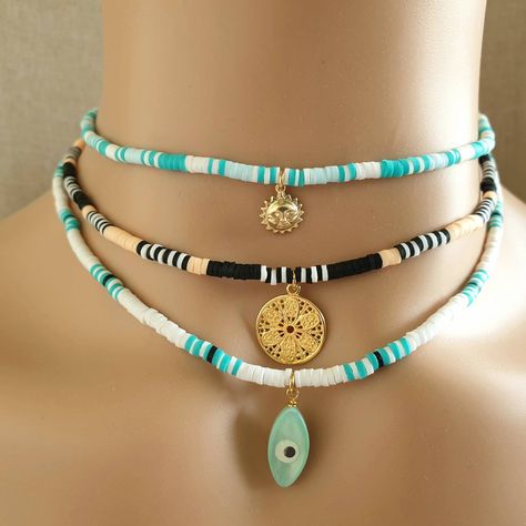 Surfer Necklace Women, Beaded Chocker Neckless, Surfer Girl Jewelry, Beach Choker, Summer Jewelry Beach, Heishi Jewelry, Evil Eye Choker, Real Aesthetic, Surf Birthday