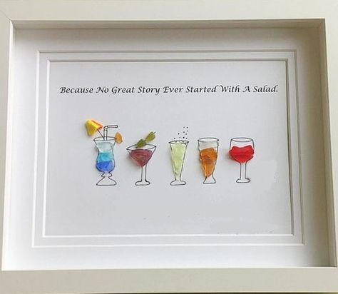 Little do it yourself idea with wine glasses and cocktail glasses illustration and seaglass pieces with a great quote. Fun artsy idea for the kitchen! Featured on Completely Coastal. Sea Glass Creations, Sea Glass Quotes, Seaglass Art Ideas, Sea Glass Art Ideas, Seaglass Projects, Glass Art Ideas, Glass Quotes, Sea Glass Diy, Sea Glass Art Diy